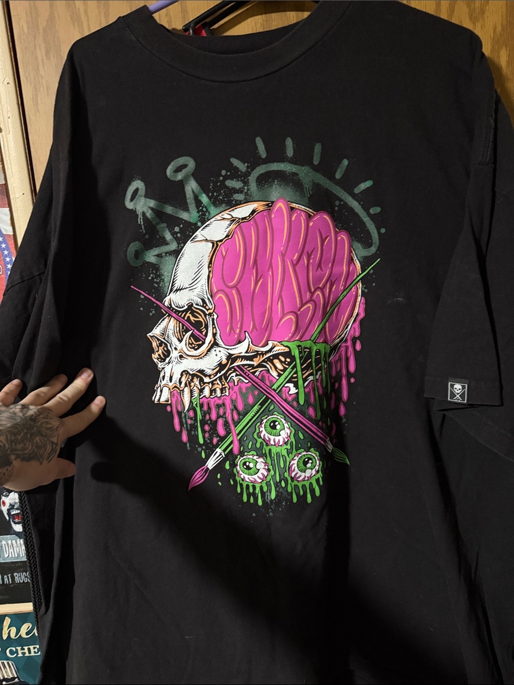 Black Graphic Skull Tee with Pink Brain & Green Accents